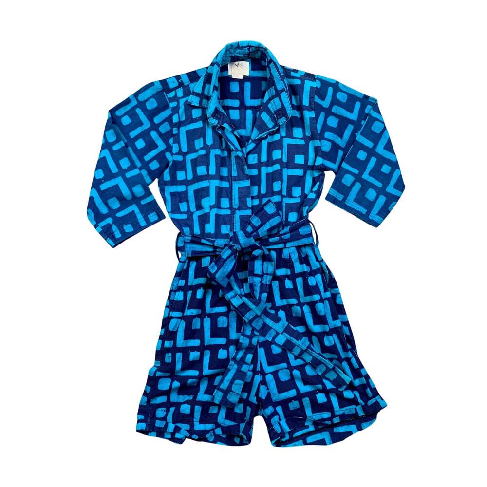 Sika Romper Womens 2P Petite Blues Geometric Tie Waist Cuffed Hem Anthropologie